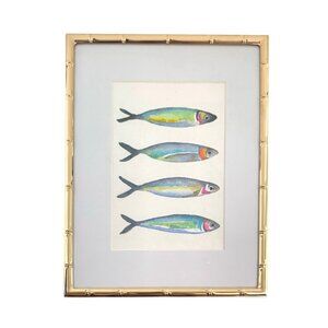 Fish Painting Sardine Watercolor in Metal Bamboo Golden Frame Costal Decor